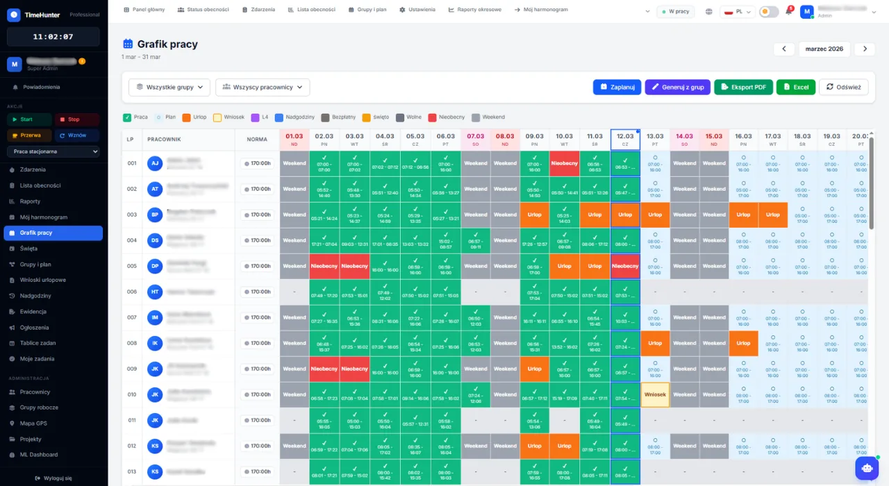 TimeHunter — Work schedule